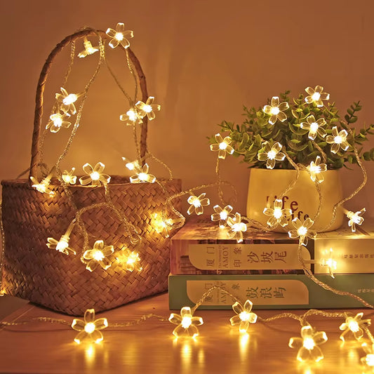 Cherry Blossom Flower Garland Lamp USB Operated LED String Fairy Lights Crystal Flowers Indoor Wedding Christmas Decors