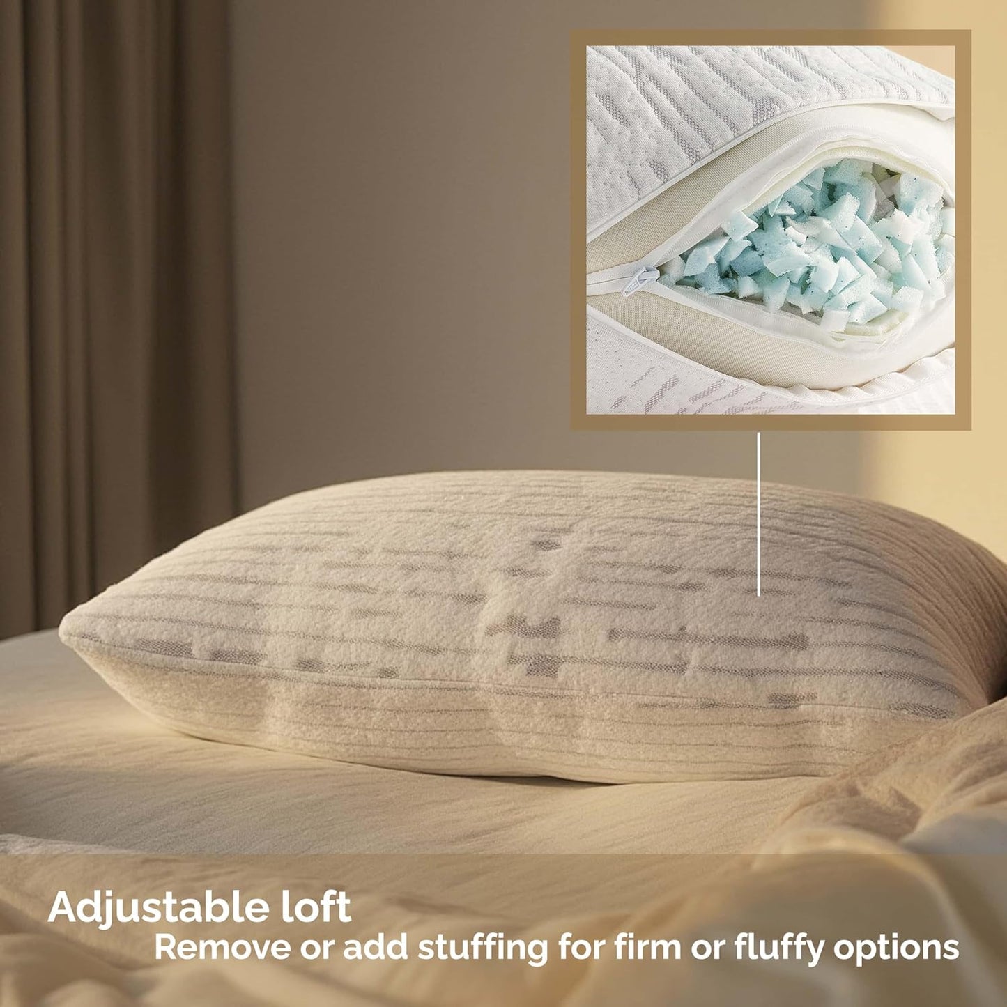 Memory Foam Pillows 1 Pk, Queen Size Bed Pillows for Sleeping, Adjustable Pillow Shredded Memory Foam Filling for Back Stomach & Side Sleeper, Certipur-Us, Washable Bamboo Rayon Cover