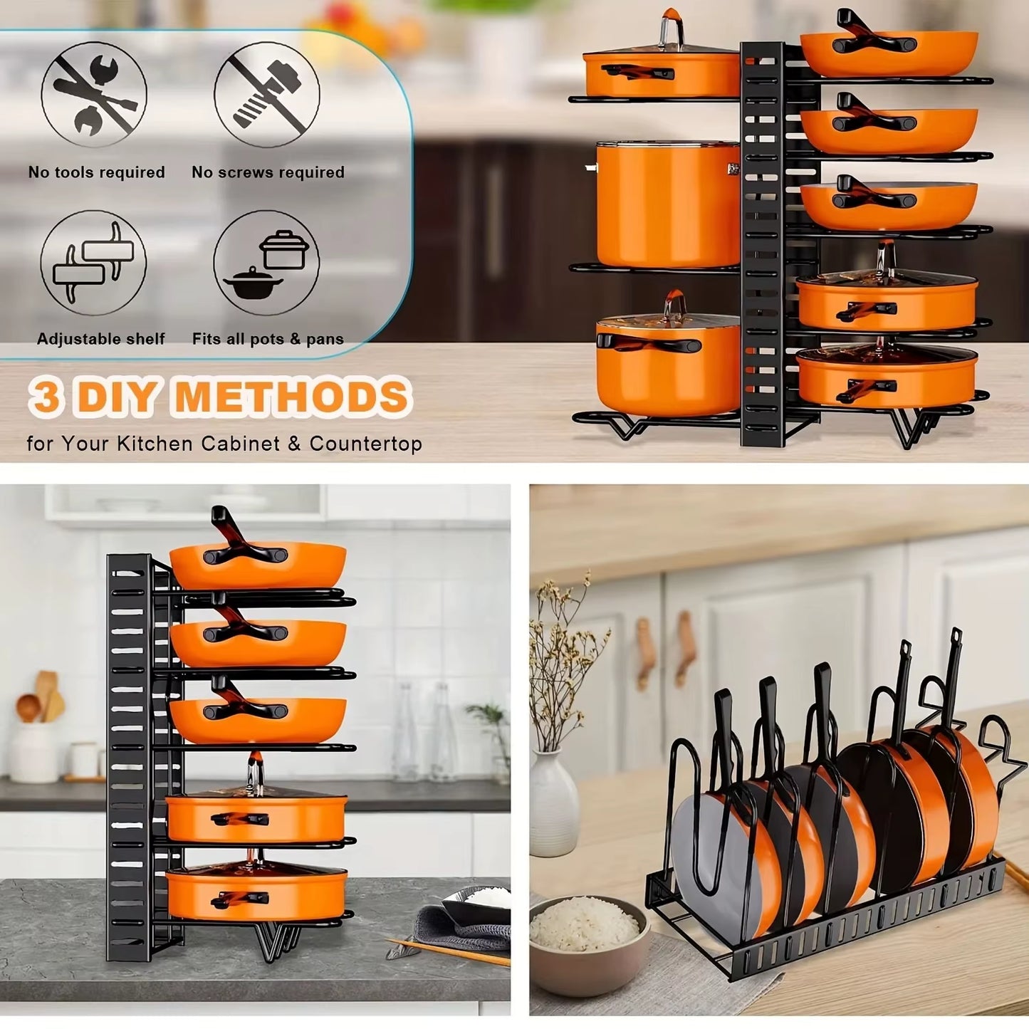 Space-Saving 8-Tier Pot Rack Organizer - Durable Metal Holder for Pans, Pots, and Lids to Keep Your Kitchen Neat and Tidy