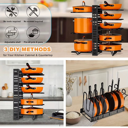 Space-Saving 8-Tier Pot Rack Organizer - Durable Metal Holder for Pans, Pots, and Lids to Keep Your Kitchen Neat and Tidy