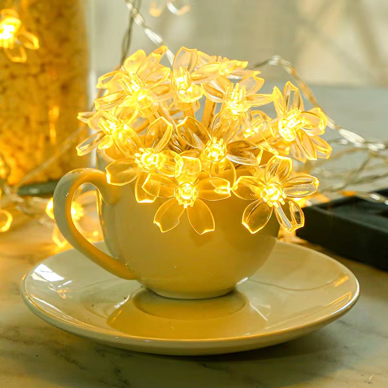 Cherry Blossom Flower Garland Lamp USB Operated LED String Fairy Lights Crystal Flowers Indoor Wedding Christmas Decors