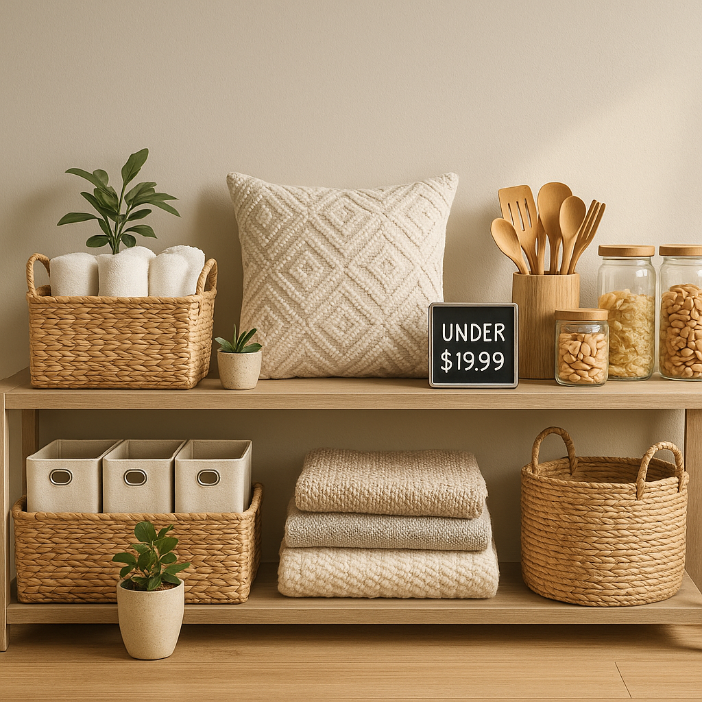 Cozy console table styled with a woven basket of towels, storage bins, soft folded blankets, kitchen jars and utensils, and small plants around a sign that says “Under $19.99” for affordable home décor and organizers.
