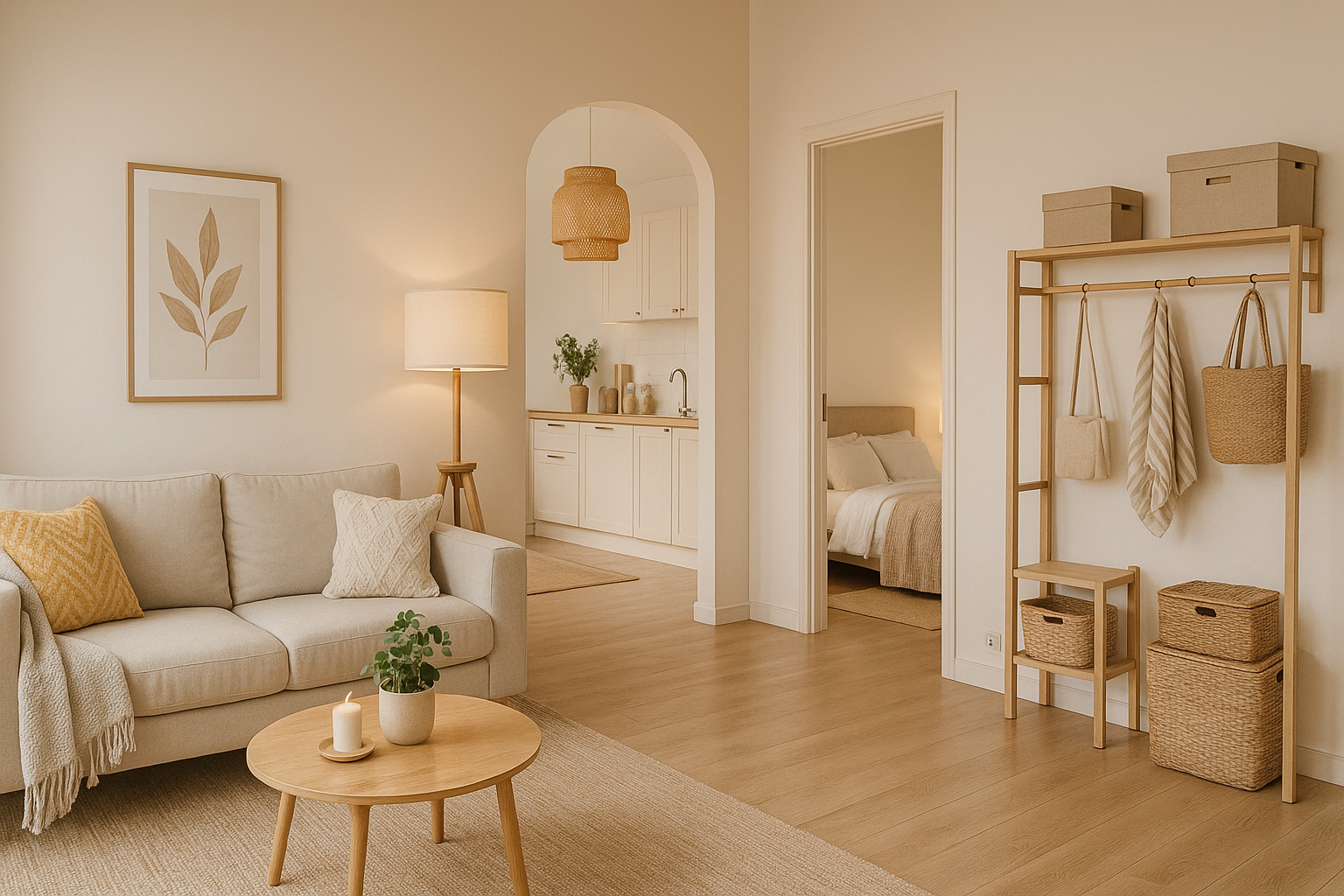 Open-plan home showing a cozy living room with a soft sofa and lamp, a light kitchen, a calm bedroom with layered bedding, and an organized entryway with baskets and storage